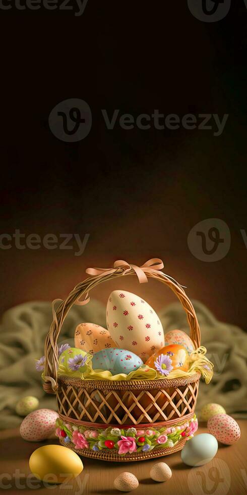 3D Render Of Glowing Easter Egg Floral Basket With Silk On Wooden Texture Background And Copy Space. Happy Easter Day Concept. photo