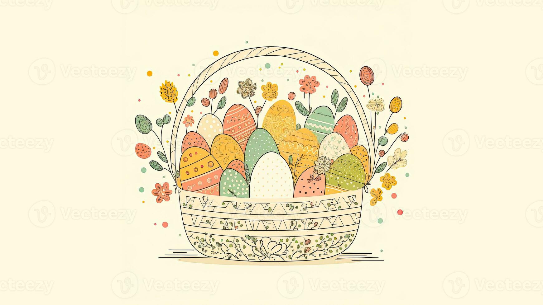 Doddle Style Easter Egg Inside Floral Basket Against Pastel Yellow Background And Copy Space. Happy Easter Day Concept. photo