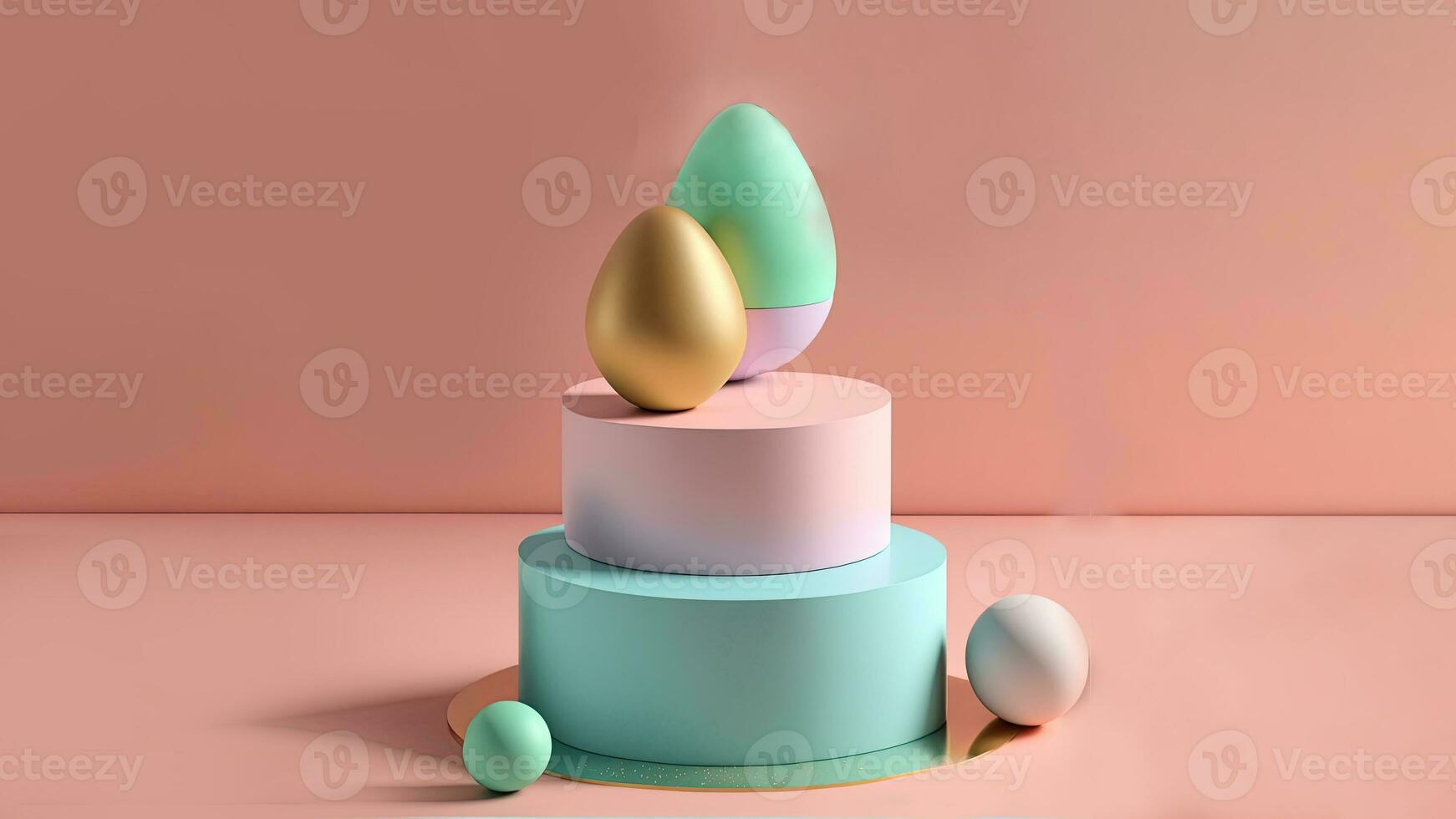 3D Render Of Soft Color Eggs On Circular Podium Against Pastel Pink Background And Copy Space. Happy Easer Day Concept. photo