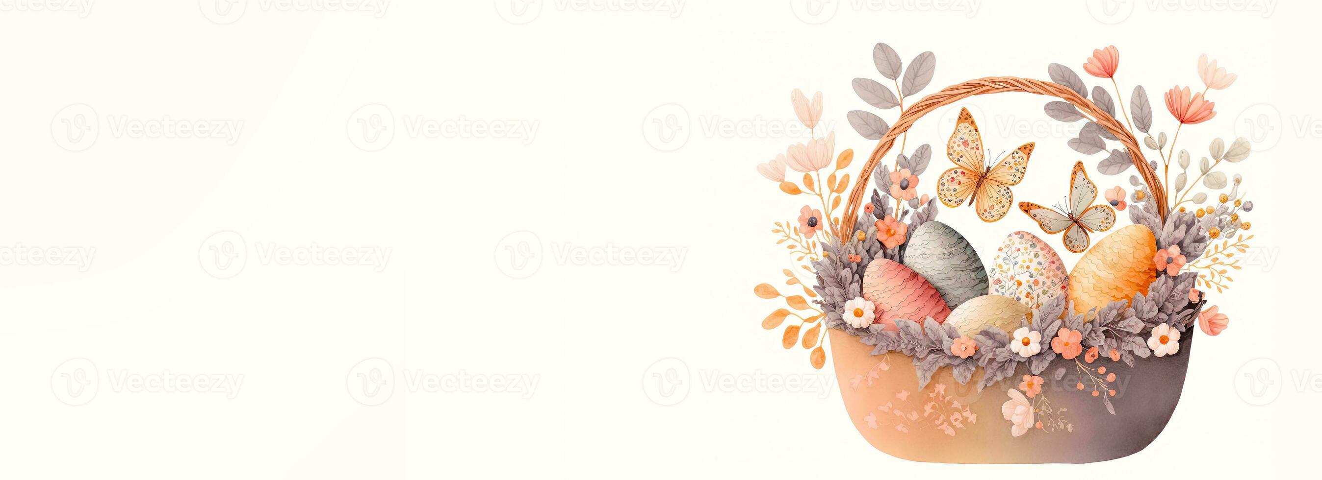 Illustration Of Cute Butterfly Characters With Easter Eggs Floral Basket And Copy Space. Happy Easter Day Concept. photo