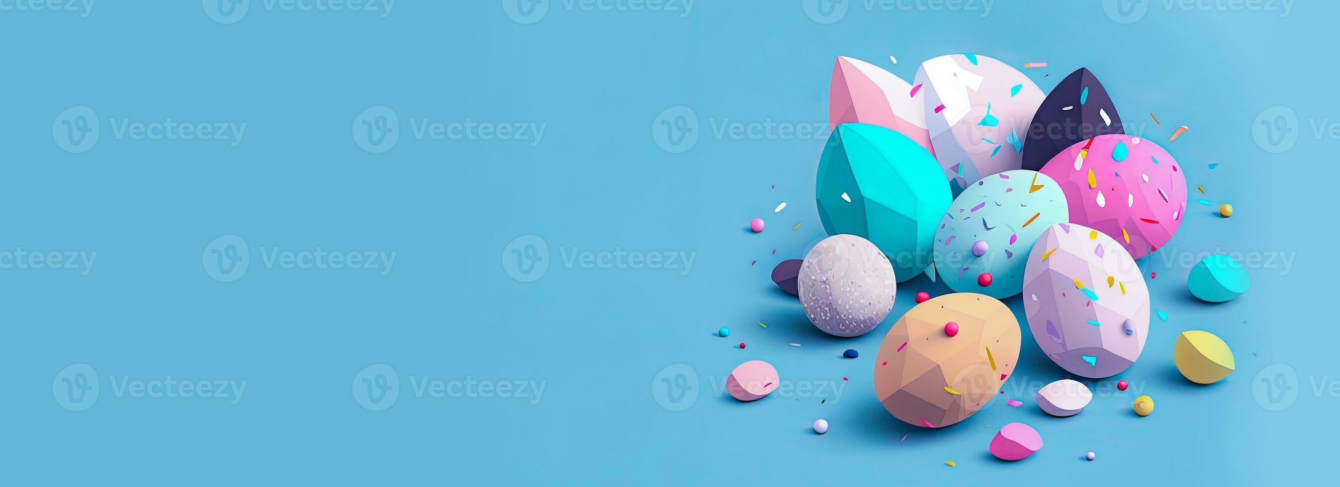 Illustration of Colorful Paper Easter Eggs On Blue Background And Copy Space. Happy Easter Day Concept. photo