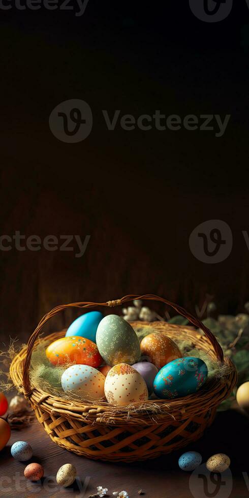 3D Render Of Glowing Colorful Easter Eggs Basket With Floral Branch On Brown Wooden Texture Background And Copy Space. Happy Easter Day Concept. photo