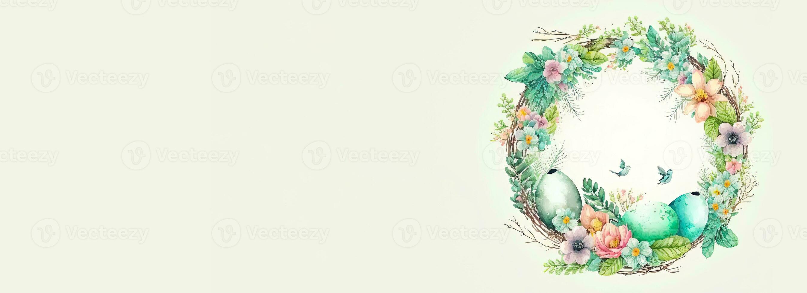 Flat Style Colorful Eggs On Floral Circular Frame With Flying Bird Character Against Cosmic Latte Background And Copy Space. Happy Easter Day Concept. photo