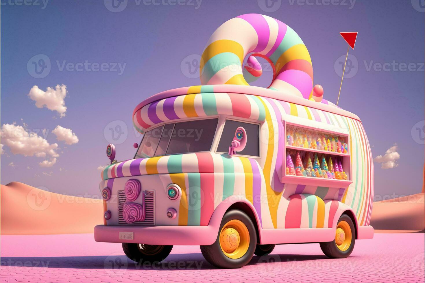 3D Render, Fantasy Colorful Food Truck of Candyland. photo