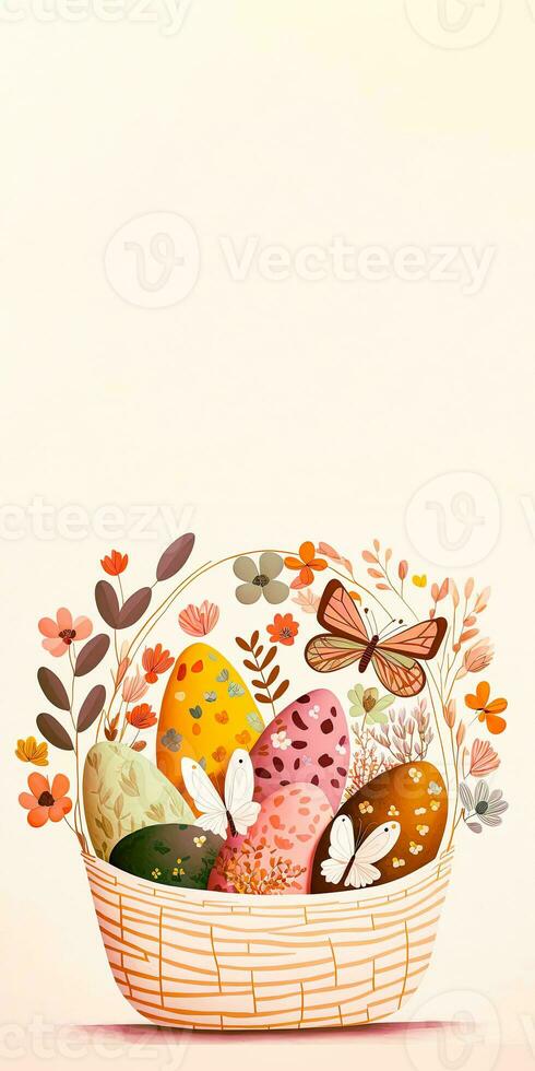 Flat Style Cute Butterfly Character With Easter Eggs Floral Basket And Copy Space. Happy Easter Day Concept. photo