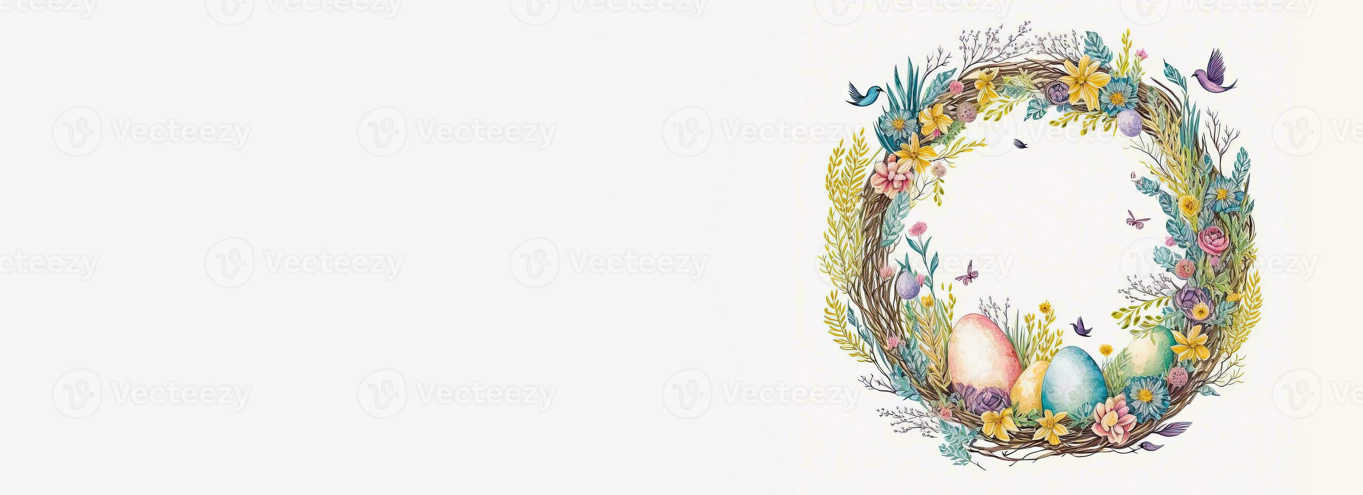 Flat Style Colorful Cute Birds Character With Eggs On Floral Circular Frame And Copy Space. Happy Easter Day Concept. photo