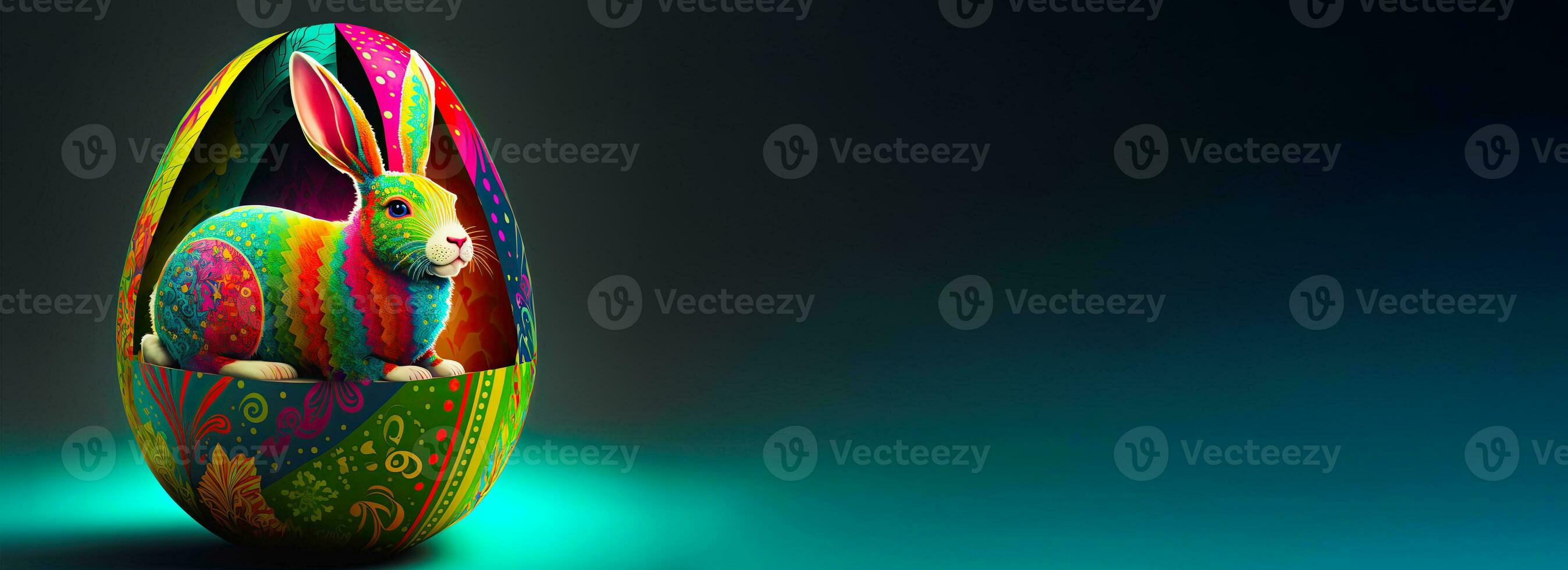 3D Render Of Colorful Rodent Rabbit Character Sitting Inside Egg Against Blue And Green Background And Copy Space. Happy Easter Day Concept. photo