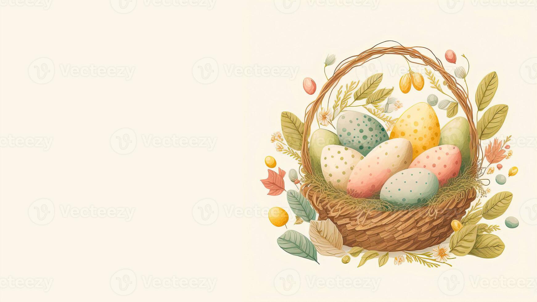 plano estilo vistoso Pascua de Resurrección huevos en floral cesta en contra cósmico latté antecedentes y Copiar espacio antecedentes. foto