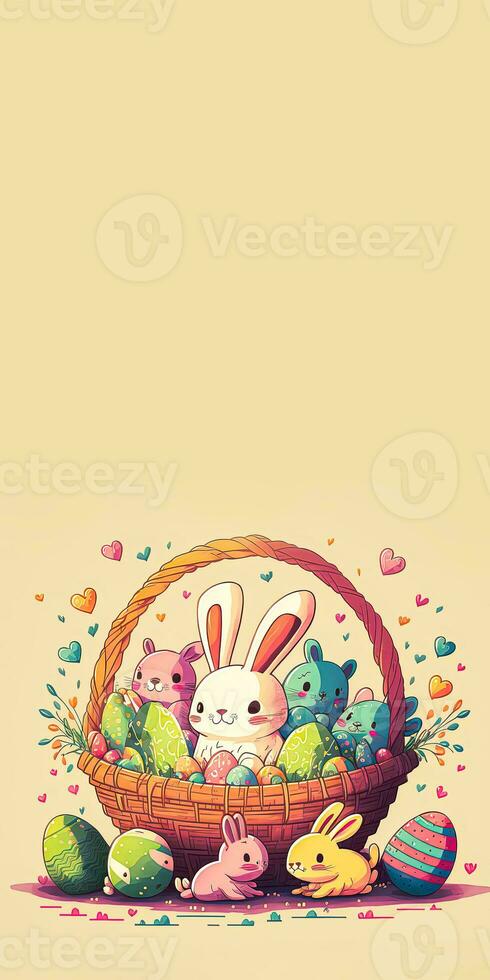 Flat Style Colorful Cute Baby Rabbits Characters With Eggs Inside Basket And Heart Shapes And Copy Space. Happy Easter Day Concept. photo