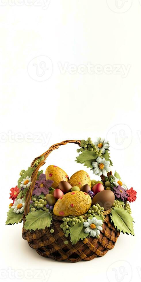 3D Render of Colorful Easter Eggs Floral Basket And Copy Space. Happy Easter Day Concept. photo