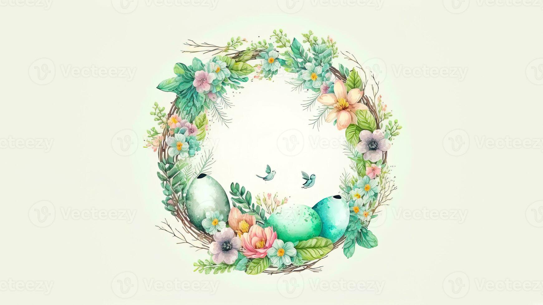 Flat Style Colorful Eggs On Floral Circular Frame With Flying Bird Character Against Cosmic Latte Background And Copy Space. photo