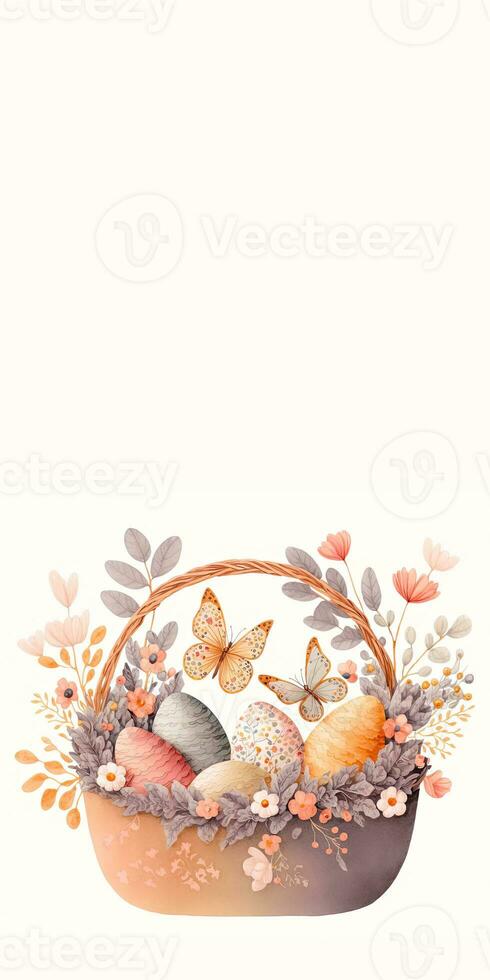 Illustration Of Cute Butterfly Characters With Easter Eggs Floral Basket And Copy Space. Happy Easter Day Concept. photo