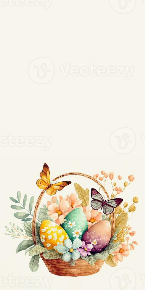 Illustration Of Cute Butterfly Characters With Easter Eggs Floral Basket And Copy Space. Happy Easter Day Concept. photo