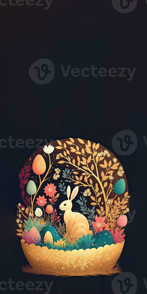 Flat Style Glowing Cute Bunny Sitting Floral Basket On Purple Background And Copy Space. Happy Easter Day Concept. photo