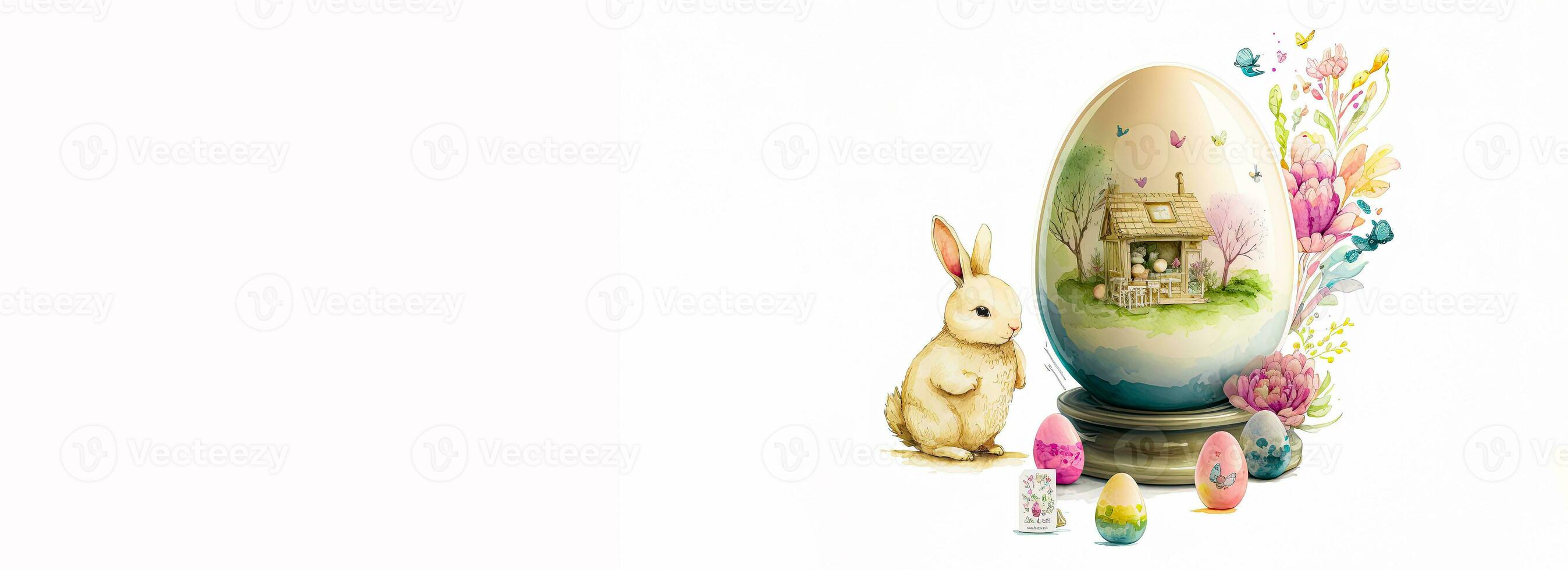 ilustración de paisaje casa en huevo forma cristalería con flores, mariposa y Conejo personaje y Copiar espacio. contento Pascua de Resurrección día concepto. foto