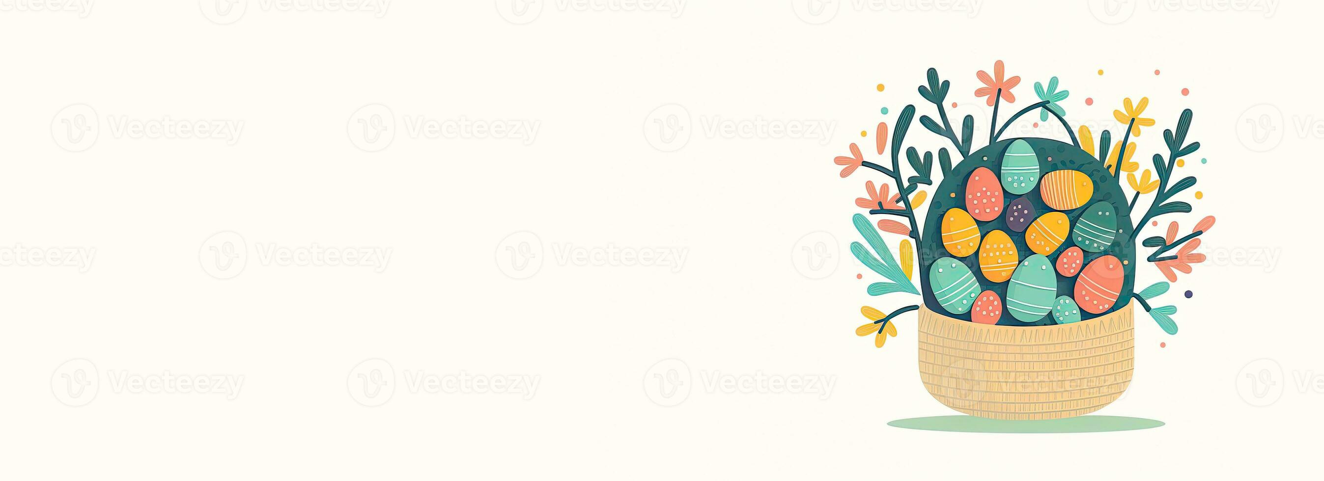 Colorful Paper Cut Easter Egg With Floral Basket And Copy Space. Happy Easter Day Concept. photo