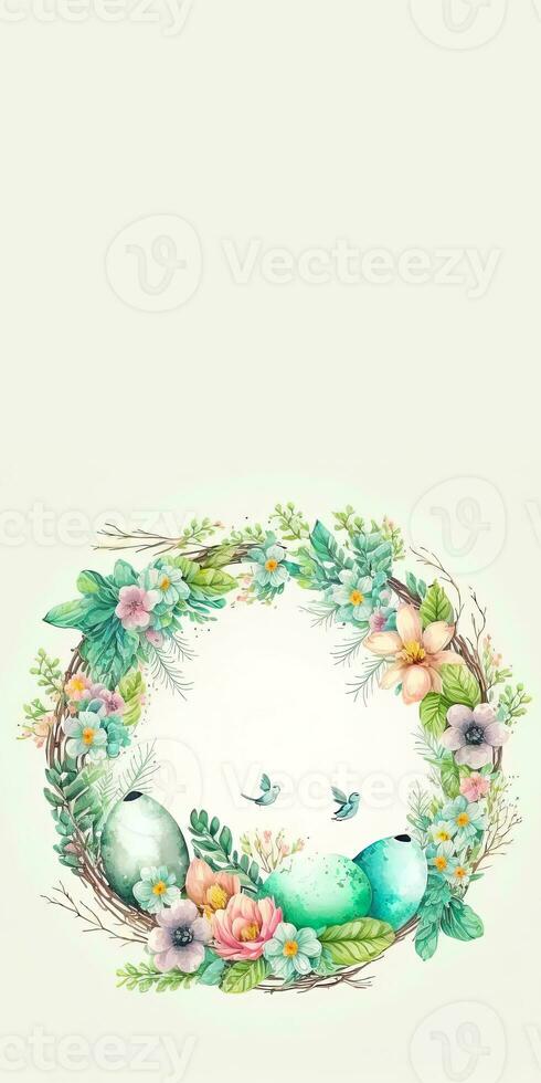 Flat Style Colorful Eggs On Floral Circular Frame With Flying Bird Character Against Cosmic Latte Background And Copy Space. Happy Easter Day Concept. photo