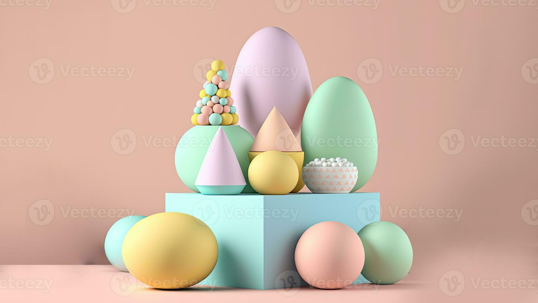 3D Render of Soft Color Eggs With Gometric Shapes On Podium And Copy Space. Happy Easter Day Concept. photo
