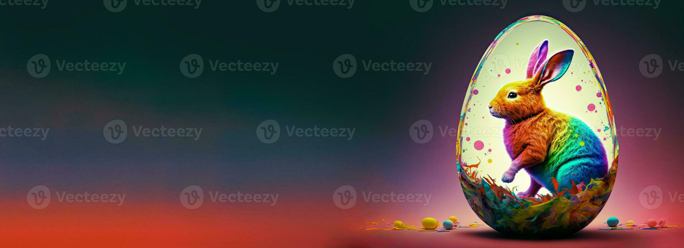 3D Render of Rainbow Rodent Rabbit Character Inside Egg Against Green And Red Texture Background And Copy Space. Happy Easter Day Concept. photo
