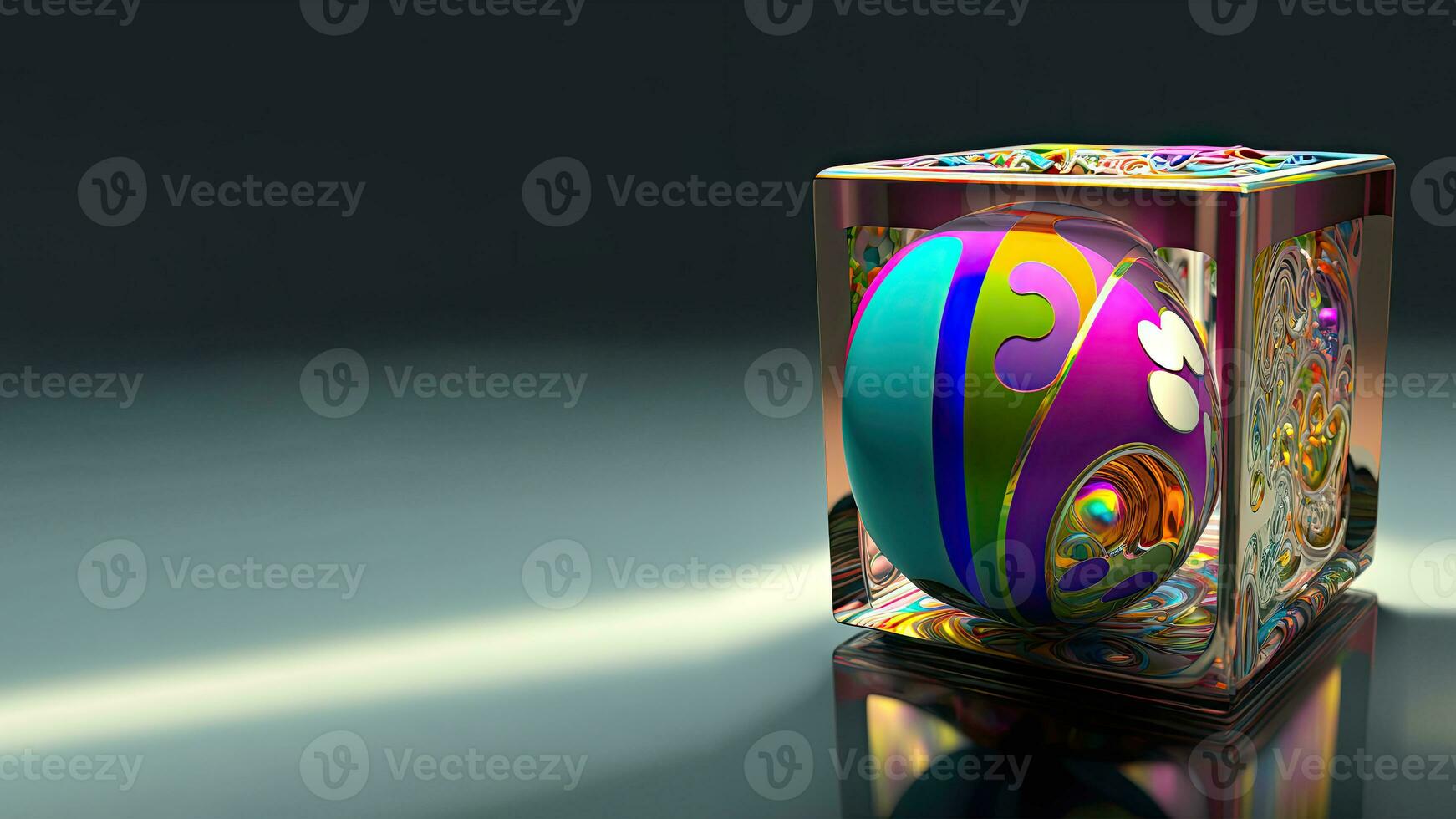 3D Render of Colorful Floral Printed Easter Egg In Glassware Box on Shiny Grey Background And Copy Space. Happy Easter Day Concept. photo