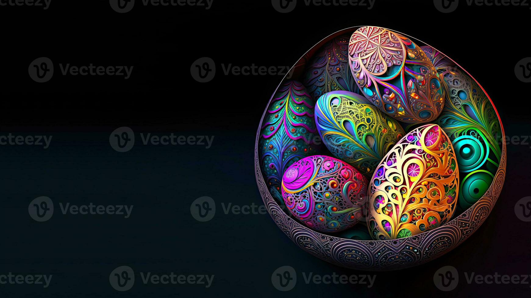 3D Render of Colorful Cloisonne Easter Eggs Bowl On Black Background And Copy Space. Happy Easter Day Concept. photo