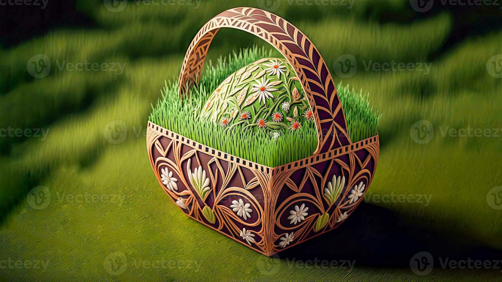 3D Render of Floral Egg Shape In Basket Against Blur Green Grassland And Copy Space. Easter Day Concept. photo
