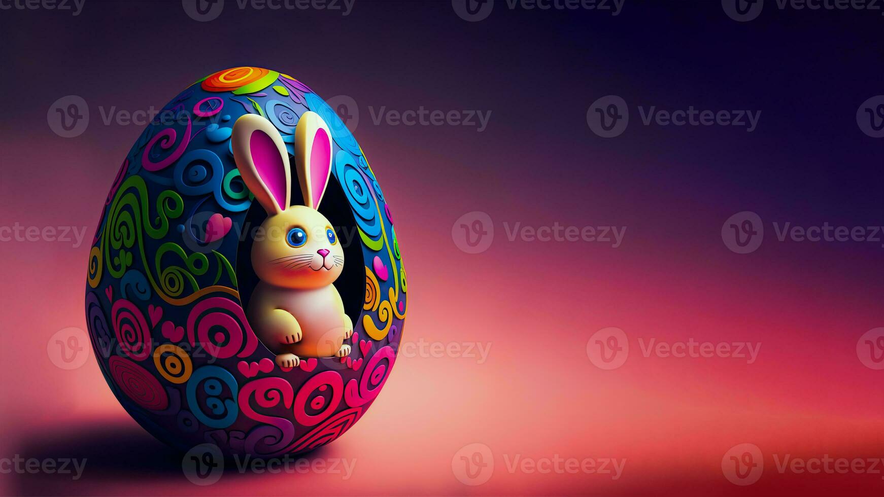 3D Render of Cute Rabbit Character Inside Floral Egg Against Red And Purple Background And Copy Space. Happy Easter Day Concept. photo