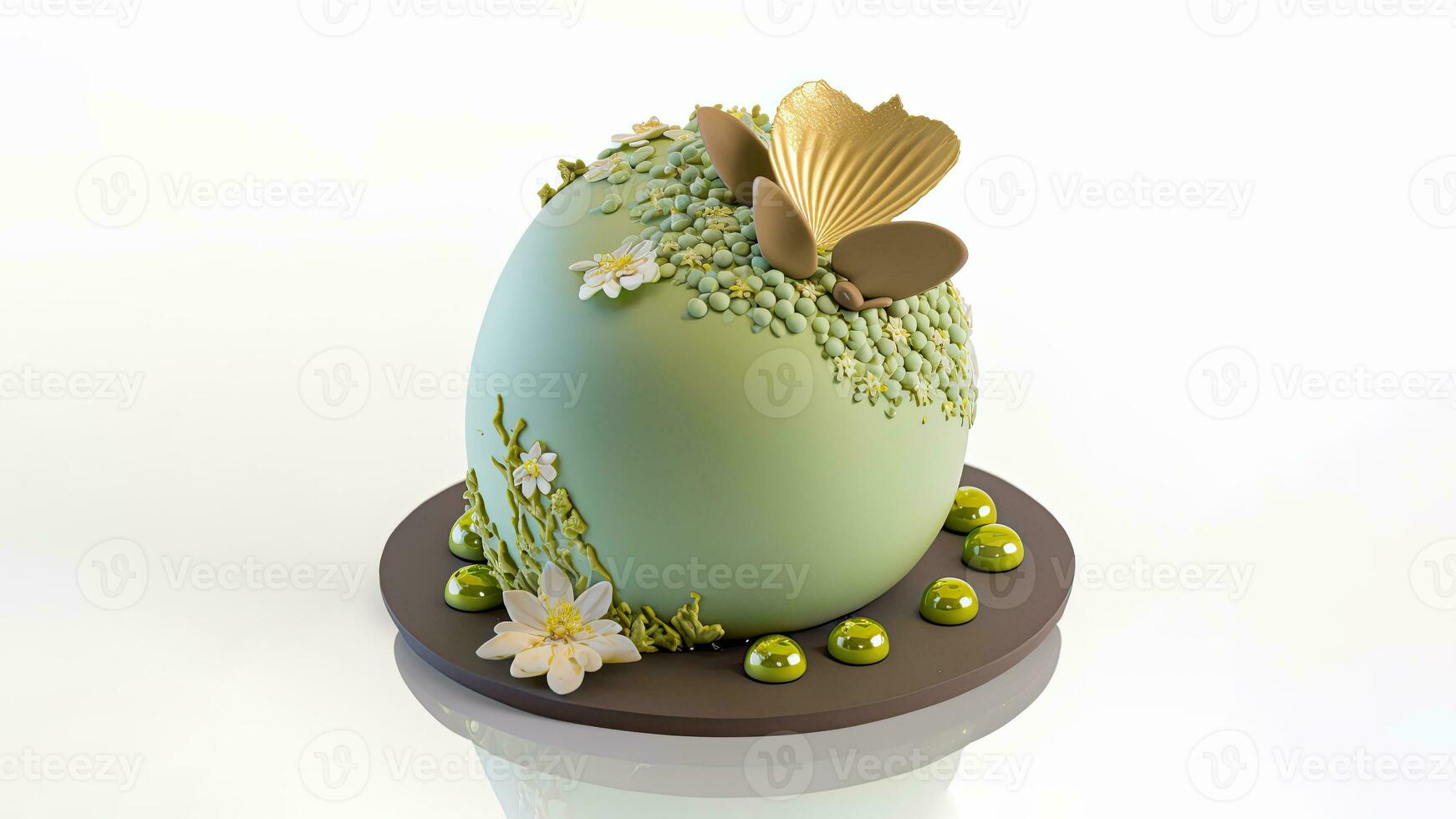 3D Render of Pastel Green And Brown Floral Egg Shape And Copy Space. Happy Easter Day Concept. photo