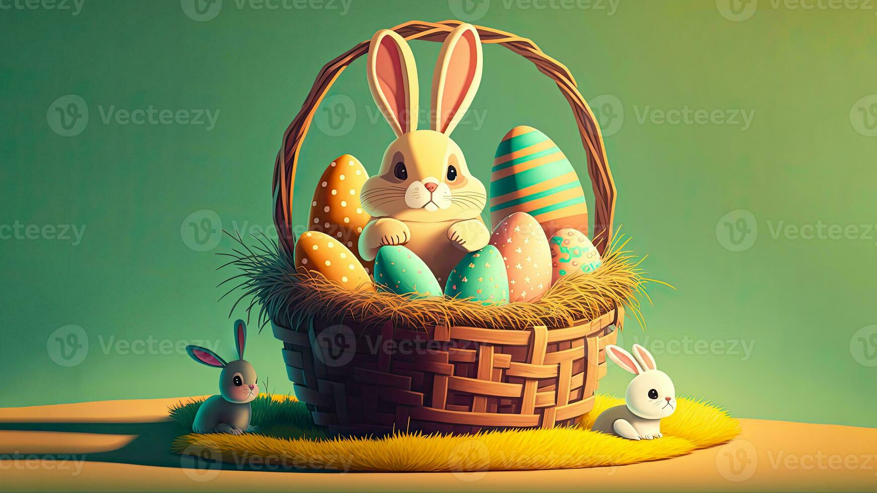 3D Render of Cute Baby Rabbits Or Bunnies Characters With Printed Eggs Basket On Grass And Copy Space. Happy Easter Day Background. photo