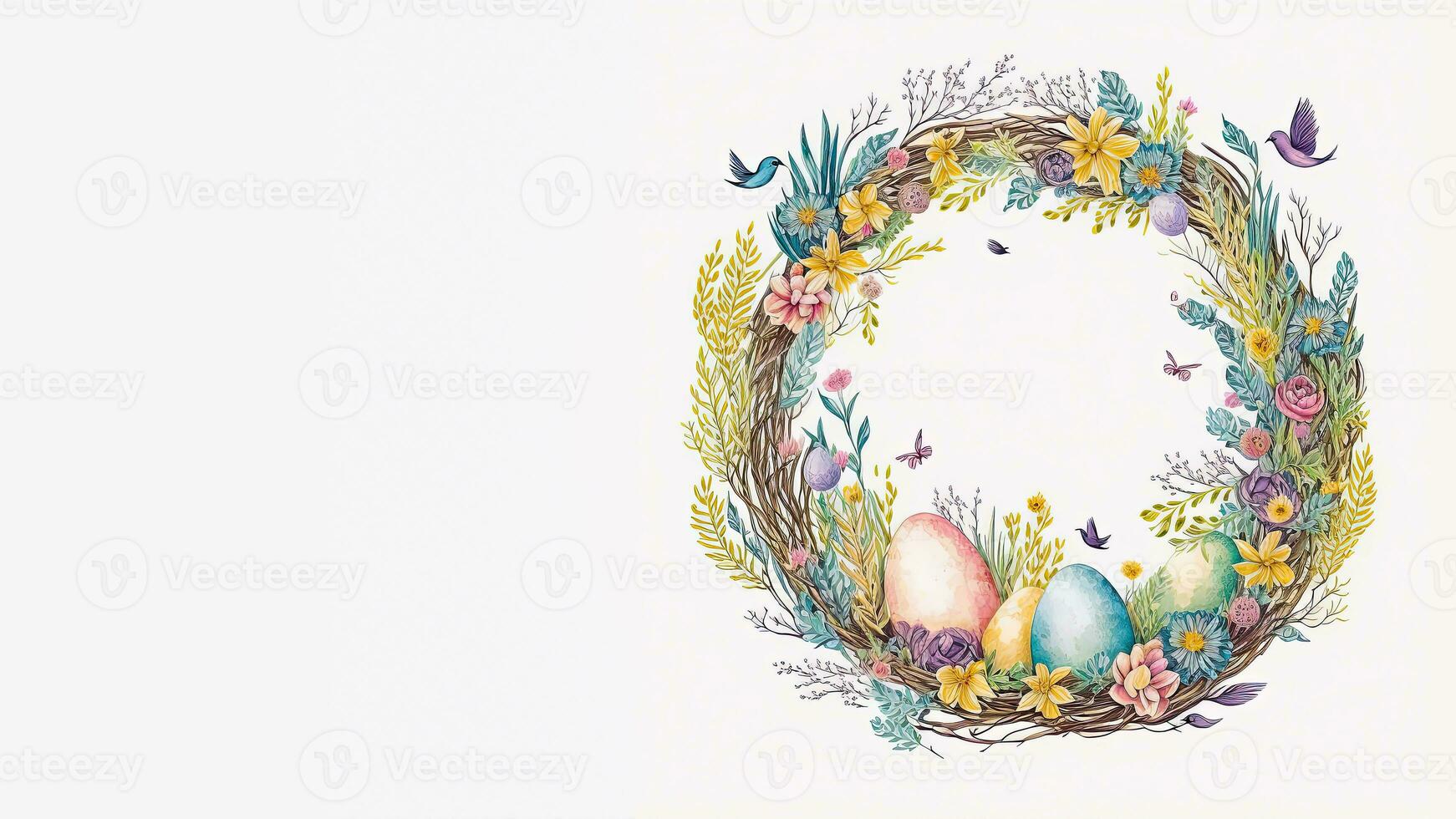 Flat Style Colorful Cute Birds Character With Eggs On Floral Circular Frame And Copy Space. photo