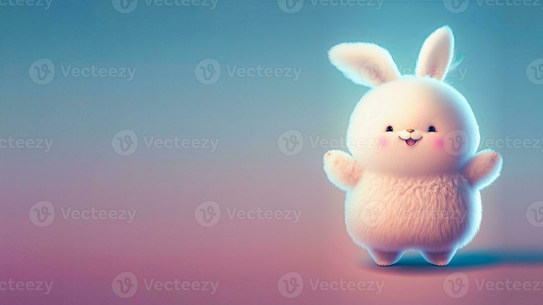 3D Render of Excited Rabbit Character Standing On Shiny Blue And Pink Gradient Background And Copy Space. photo