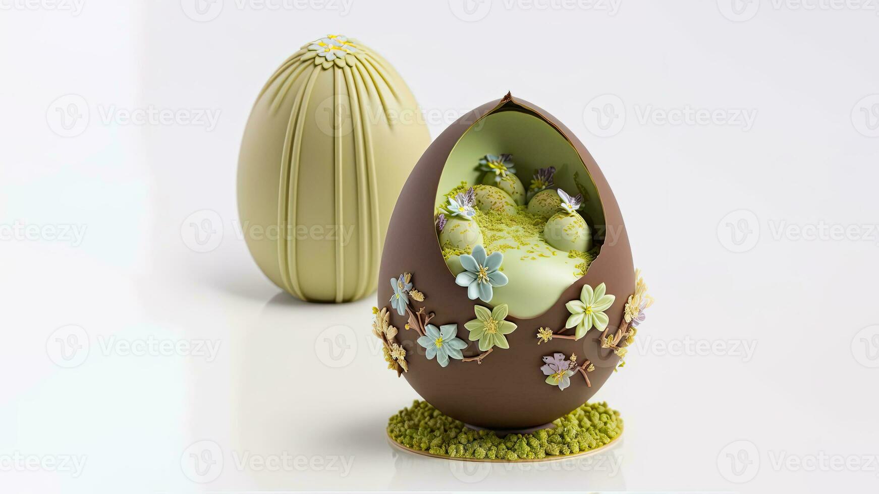 3D Render Of Pastel Green And Brown Flowers Decorative Egg Shapes And Copy Space. Happy Easter Day Concept. photo