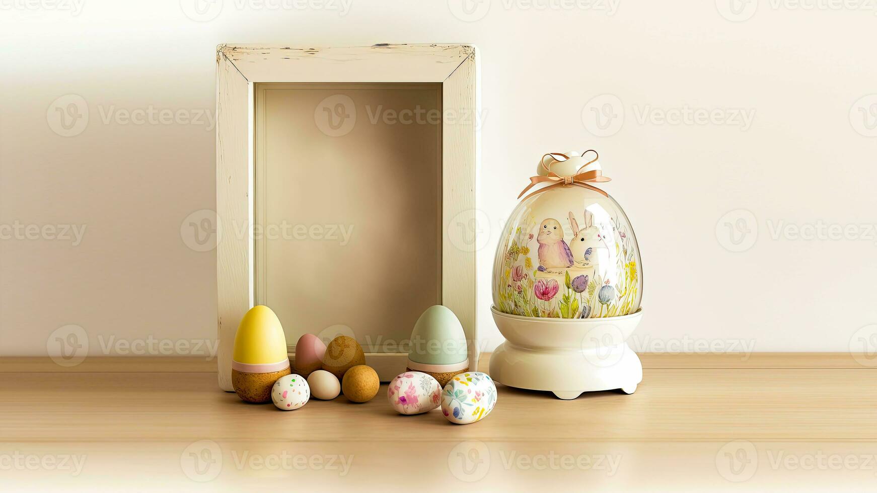 3D Render Of Blank Frame With Easter Egg Shapes Against Pastel Brown Wooden Texture Background And Copy Space. Happy Easter Day Concept. photo