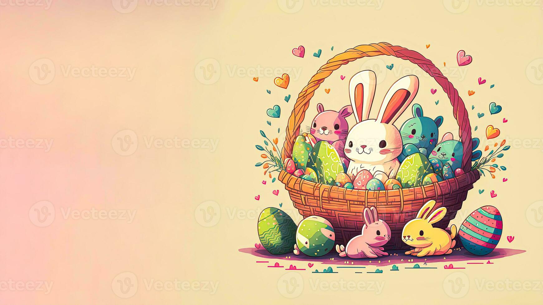 plano estilo vistoso linda bebé conejos o conejitos caracteres, Pascua de Resurrección huevo en cesta y corazón formas en pastel rosado y amarillo antecedentes y Copiar espacio. Pascua de Resurrección día concepto. foto