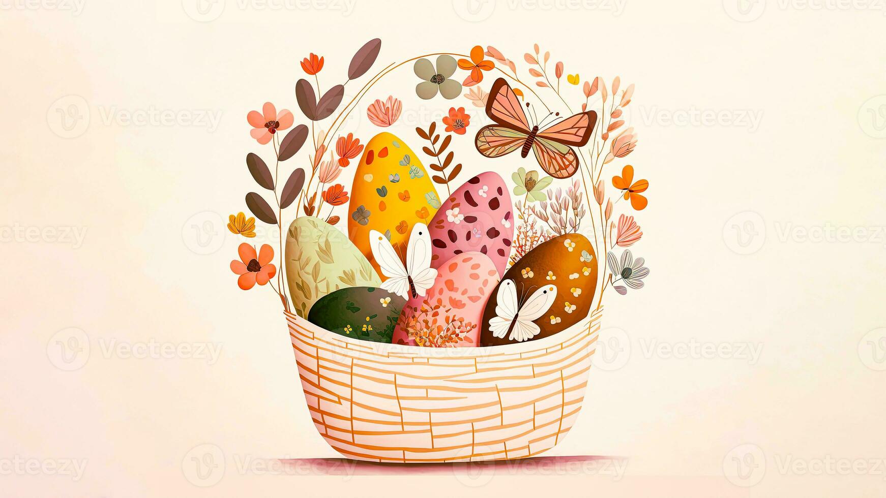 Flat Style Cute Butterflies Character With Easter Eggs In Basket On Pastel Pink Background And Copy Space. Easter Day Concept. photo