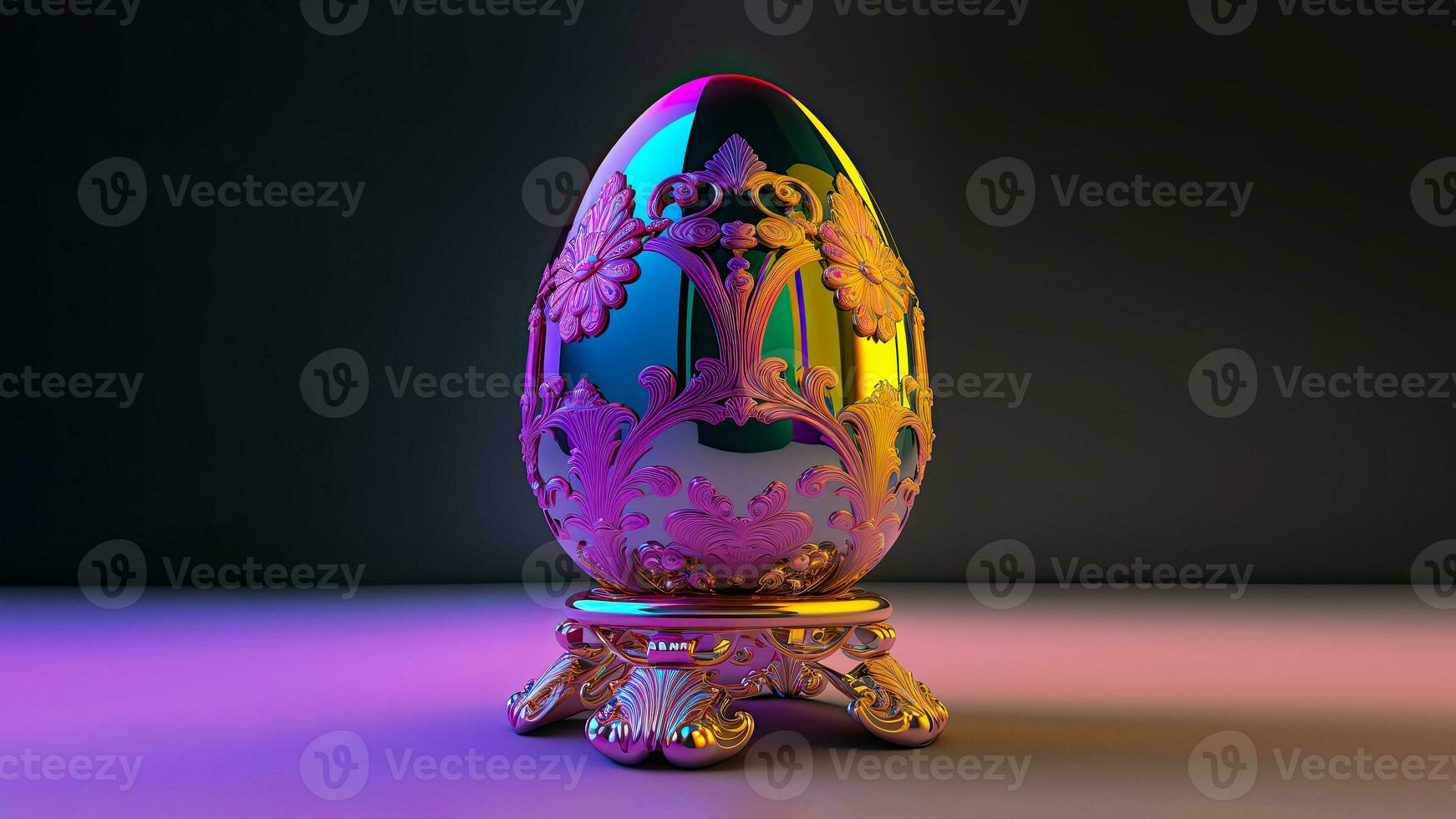 3D Render of Shiny Colorful Floral Easter Eggs Stand or Pedestal Against Pink And Black Background And Copy Space. Happy Easter Day Concept. photo