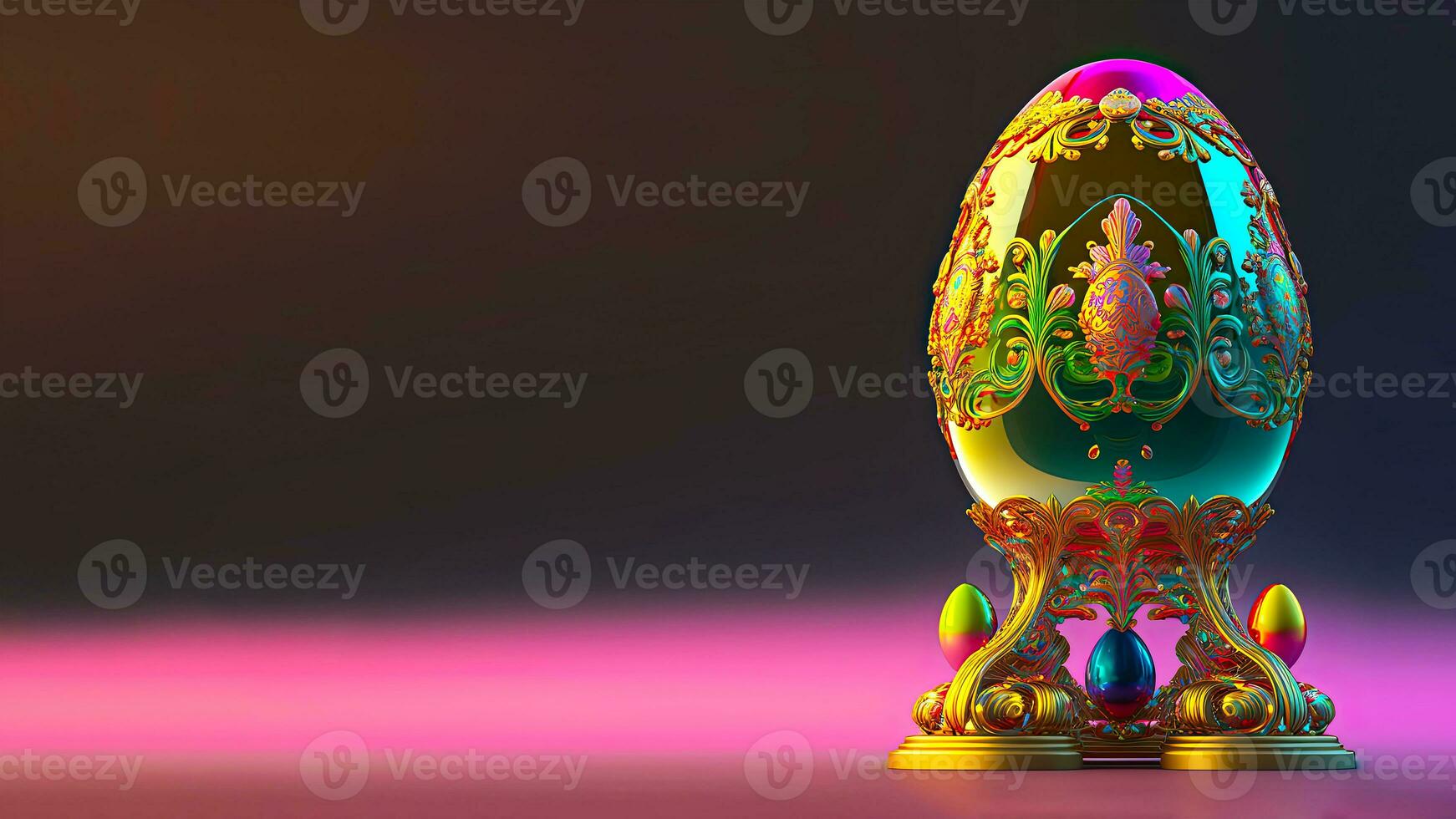 3D Render of Shiny Colorful Floral Easter Eggs Stand or Pedestal Against Pink And Brown Background And Copy Space. Happy Easter Day Concept. photo