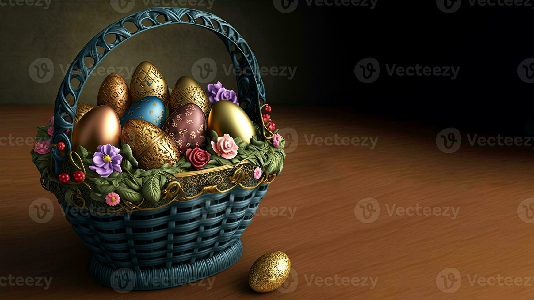 Easter Eggs With Flower In Basket On Brown Wooden Texture Background And Copy Space. Easter Day Concept. photo