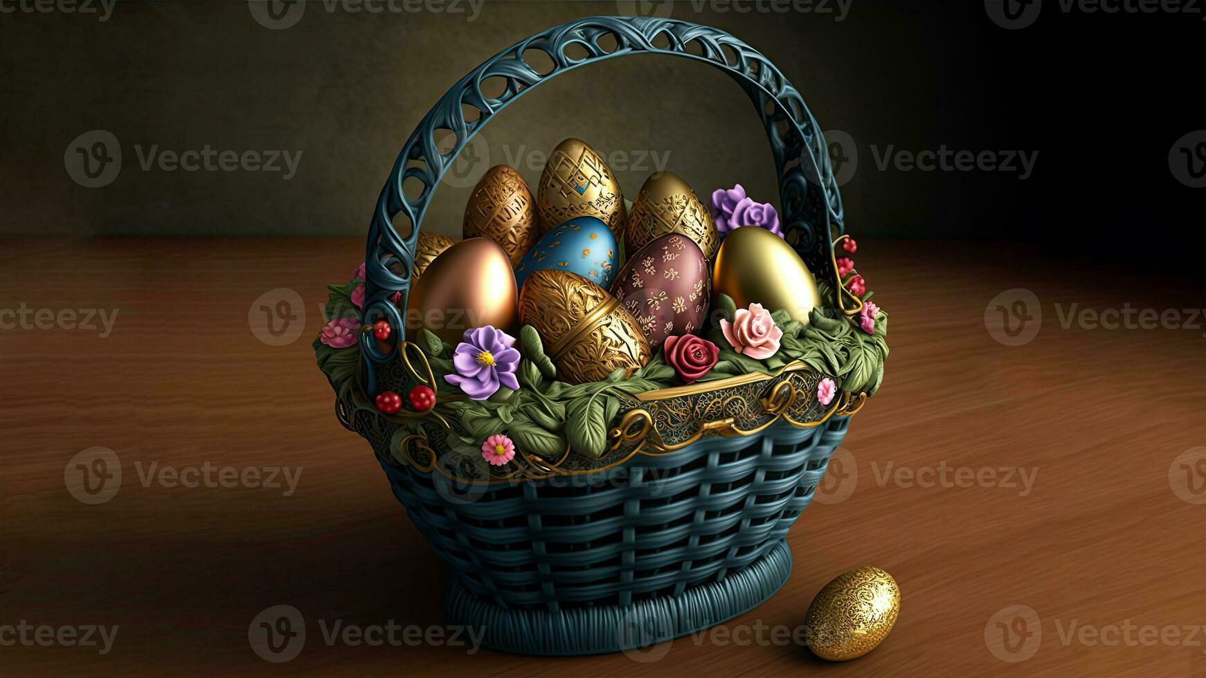 Easter Eggs With Flower In Basket On Brown Wooden Texture Background And Copy Space. Easter Day Concept. photo