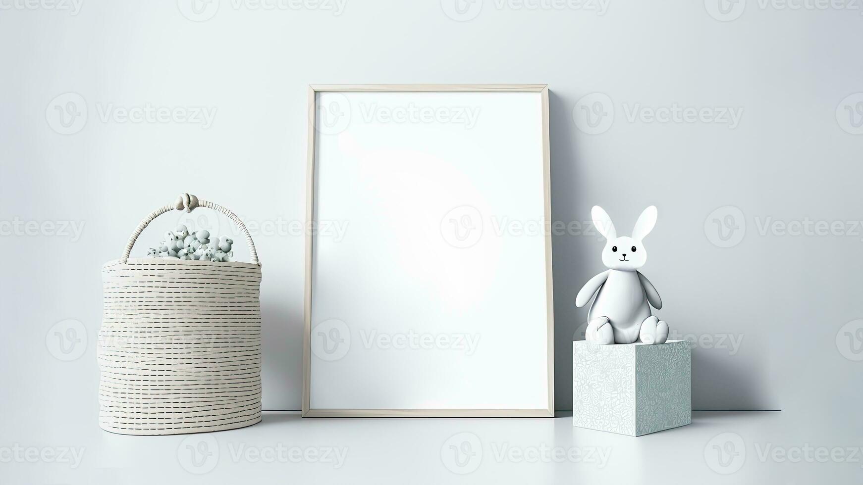 3D Render of Blank Frame With Cute Rabbit Character Podium And Basket On Grey Background. photo