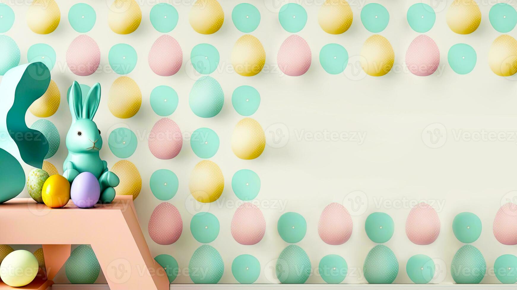3D Render of Cute Rabbit Character Sitting On Podium Against Colorful Easter Eggs Pattern Background And Copy Space. Easter Day Concept. photo