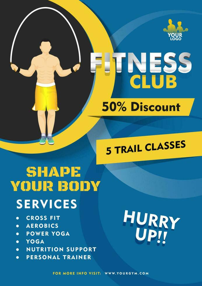 Fitness Club template design with discount offer and 5 Days trial classes on abstract background. vector