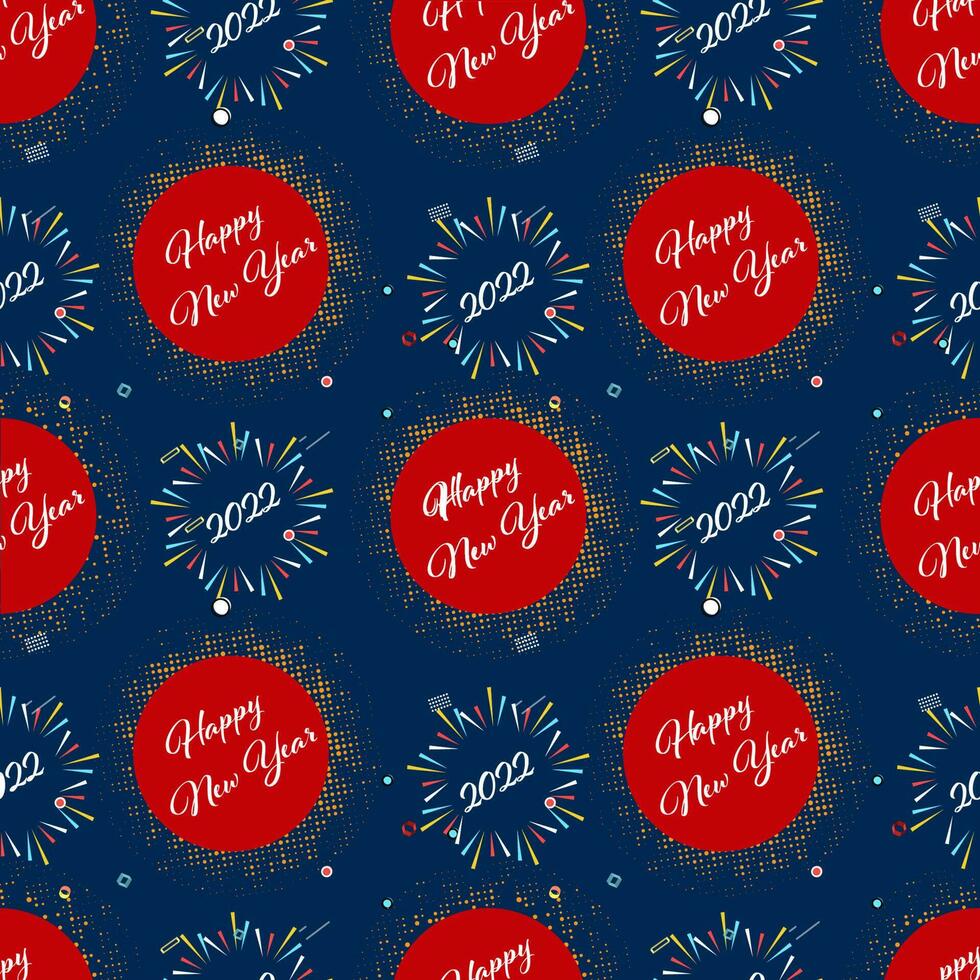 Seamless Pattern Of 2022 Happy New Year Font With Fireworks And Halftone Effect On Blue Background. vector