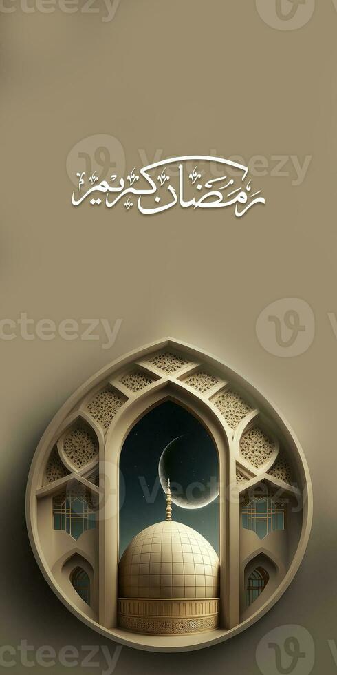 Arabic Calligraphy of Ramadan Kareem With 3D Render of Exquisite Mosque, Realistic Crescent Moon On Brown Background. photo