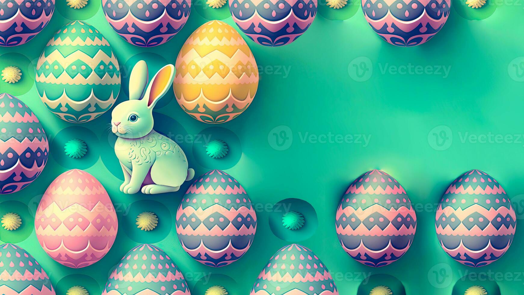 3D Render of Cute Bunny or Rabbit Character Sitting On Colorful Floral Easter Eggs With Flowers Decorative Background And Copy Space. Easter Day Concept. photo