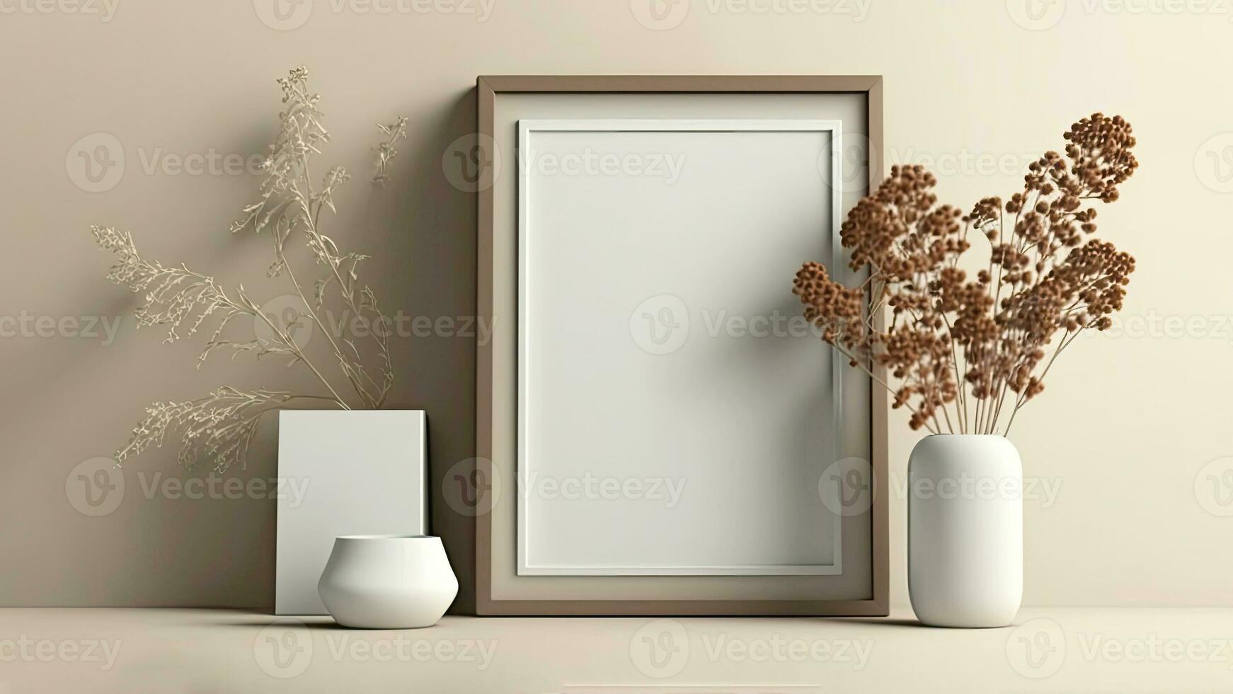 3D Composition of Blank Photo Frame Mockup And Clay Modelling Pots With Plants.