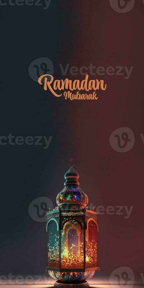 Ramadan Mubarak Vertical Banner Design With Realistic Sparkling Arabic Lamp, 3D Render. photo