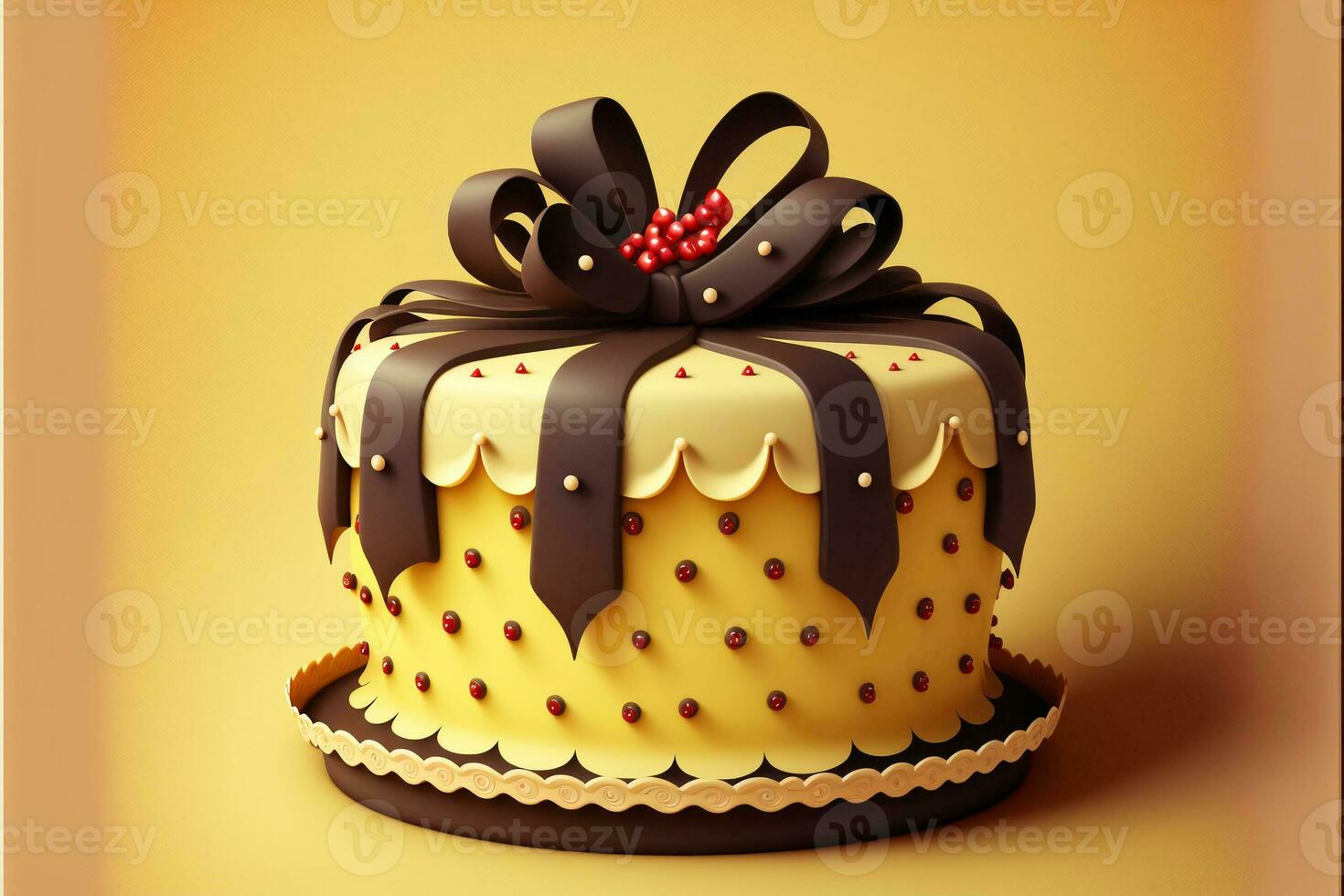 3D Render, Beautiful Colorful Cake With Chocolate Loopy Bow. photo