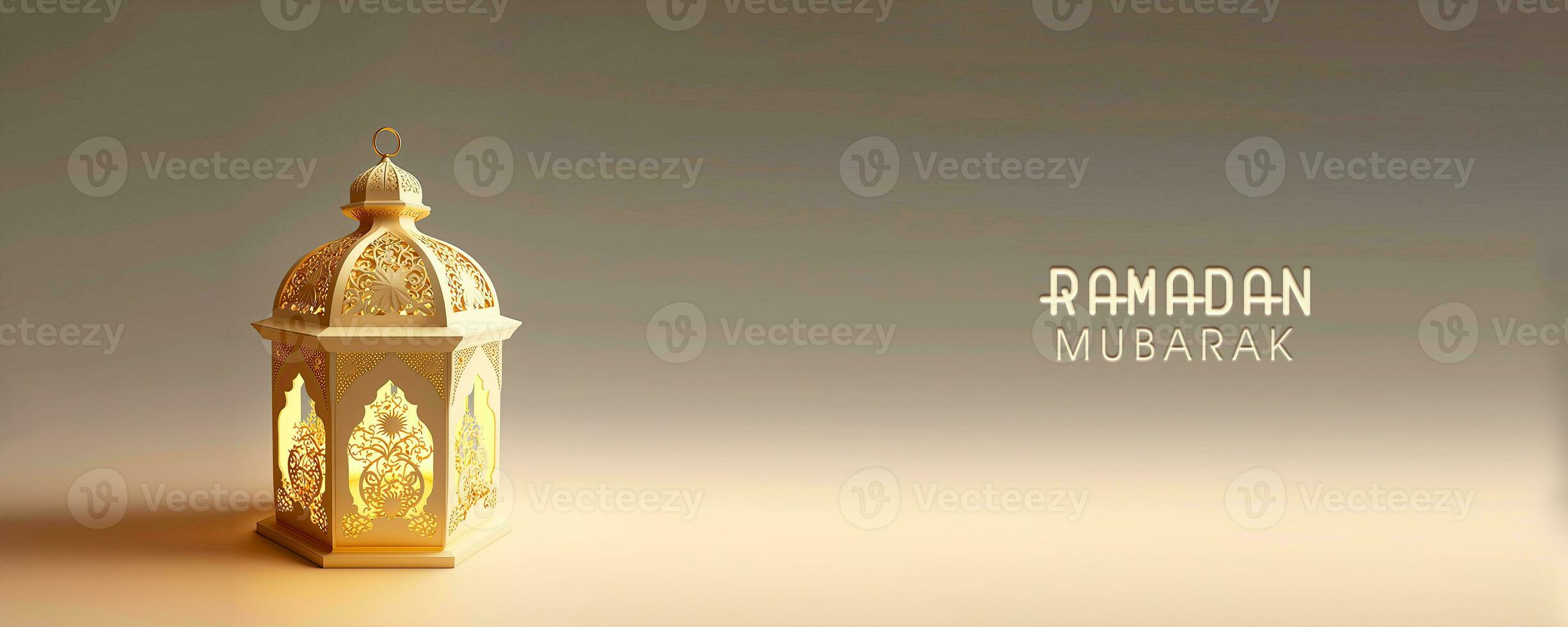 Ramadan Mubarak Banner Design With 3D Render of Illuminated Golden Arabic Lamp. photo