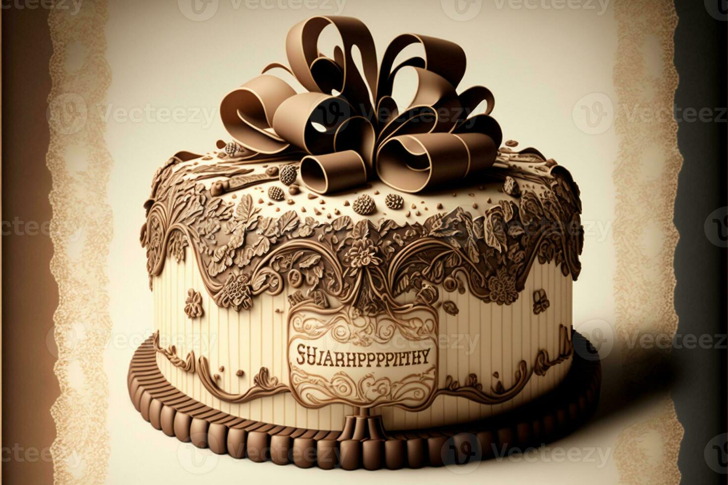 3D Render, Vintage Style Loopy Bow Cake On Light Brown Texture Background. photo